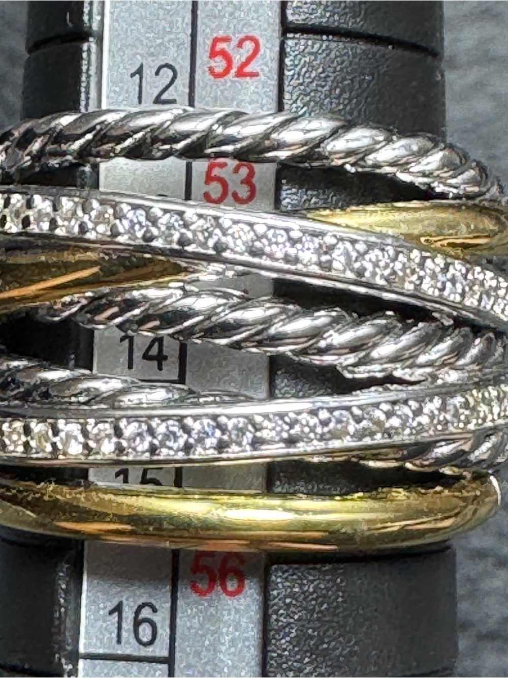 David Yurman Crossover 7 Row Ring 18K Gold Sterling Silver .26ct Diamond Sz 7